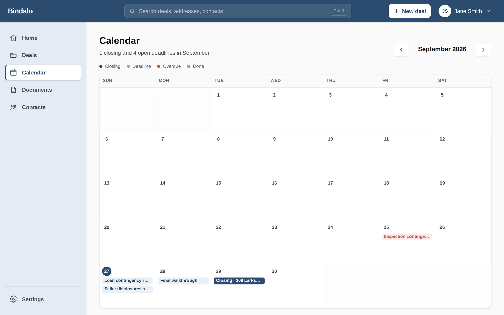 Month calendar showing deadlines and closings across deals