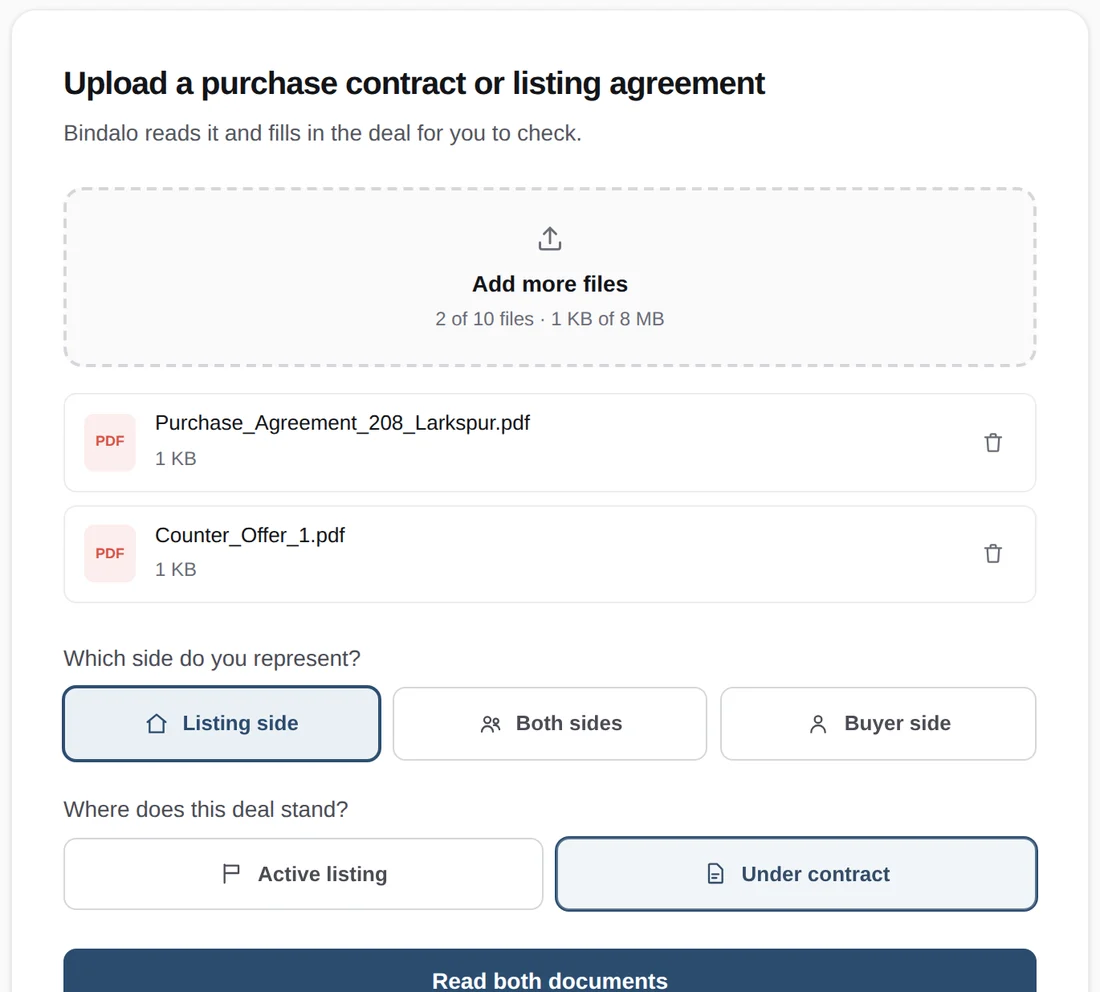 Uploading a purchase agreement and counter offer in Bindalo